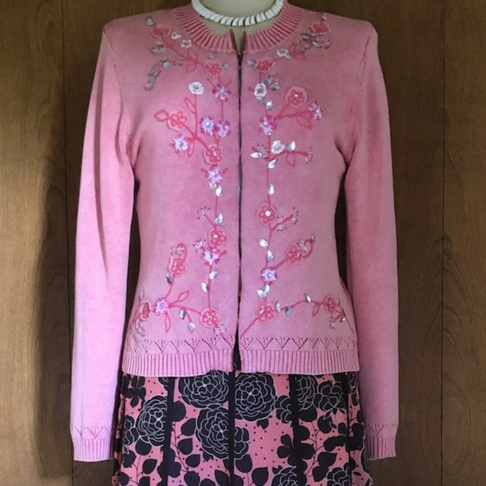 Coral Pink Beaded & Embroidered Bohmean Cotton Sweater - Picture 3 of 15